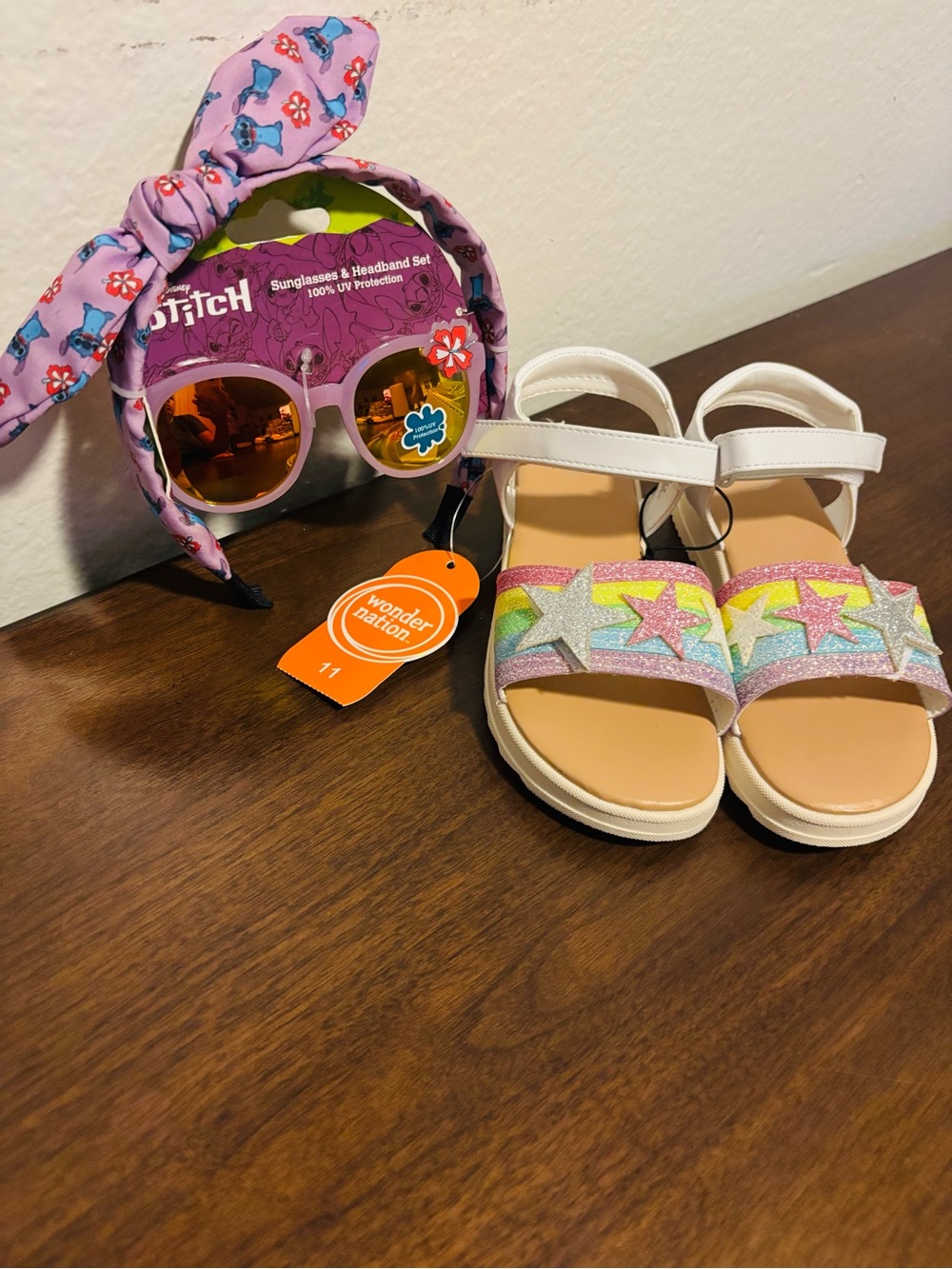 wonder nation White Kids Sandals with Rainbow Glitter Star Straps